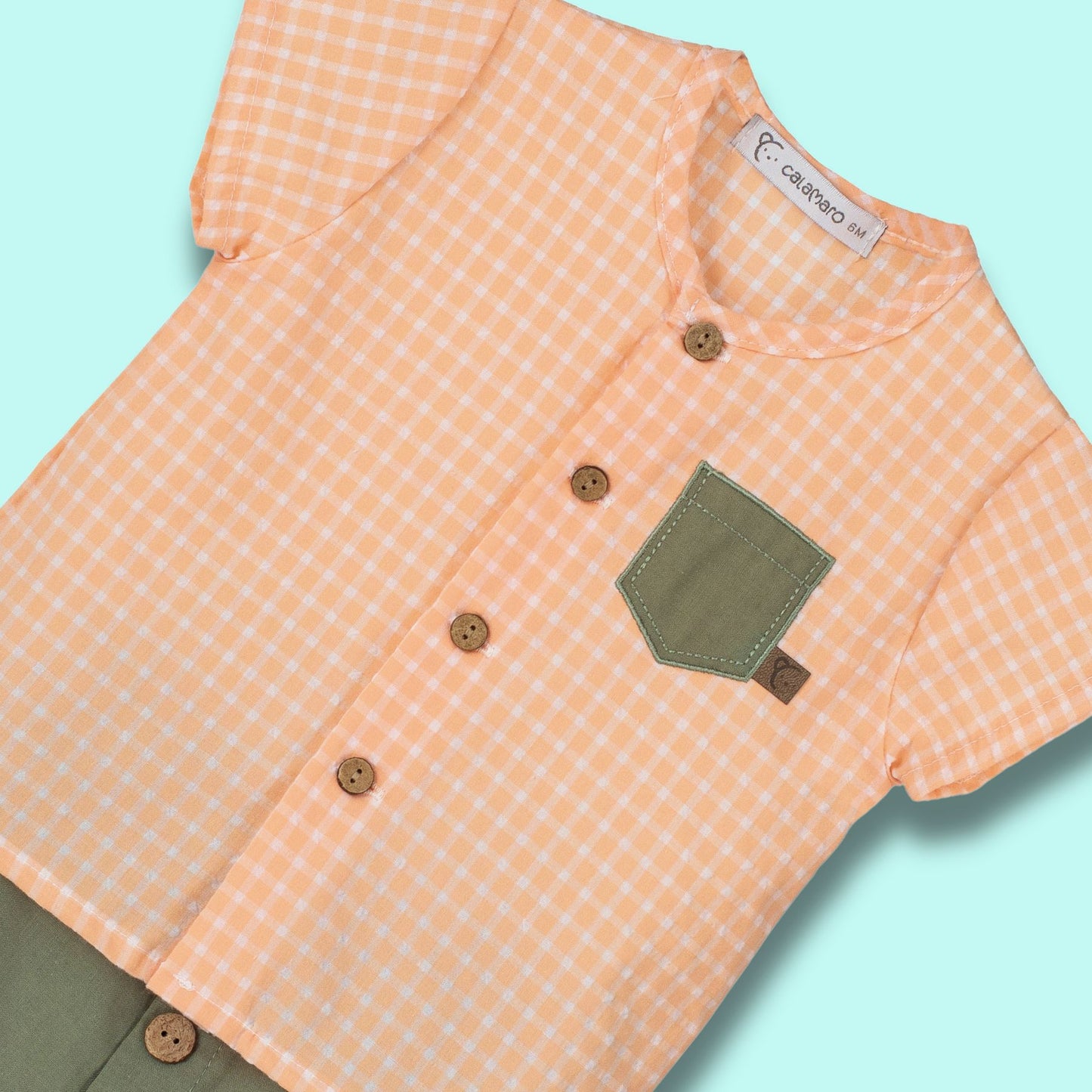 Completo camicia in cotone con camicia rigata e taschino a contrasto