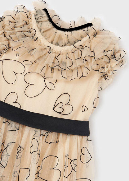 Vestito in tulle con cuori stampati e fascia in vita