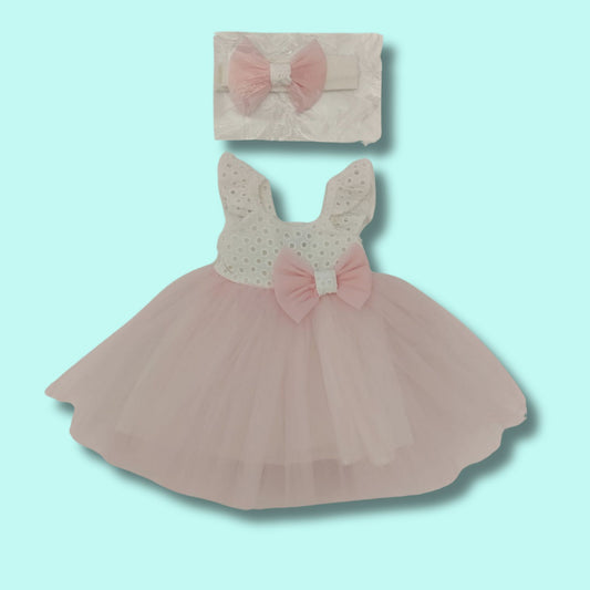 Abitino con corpino in san gallo e tulle  con fascia abbinata