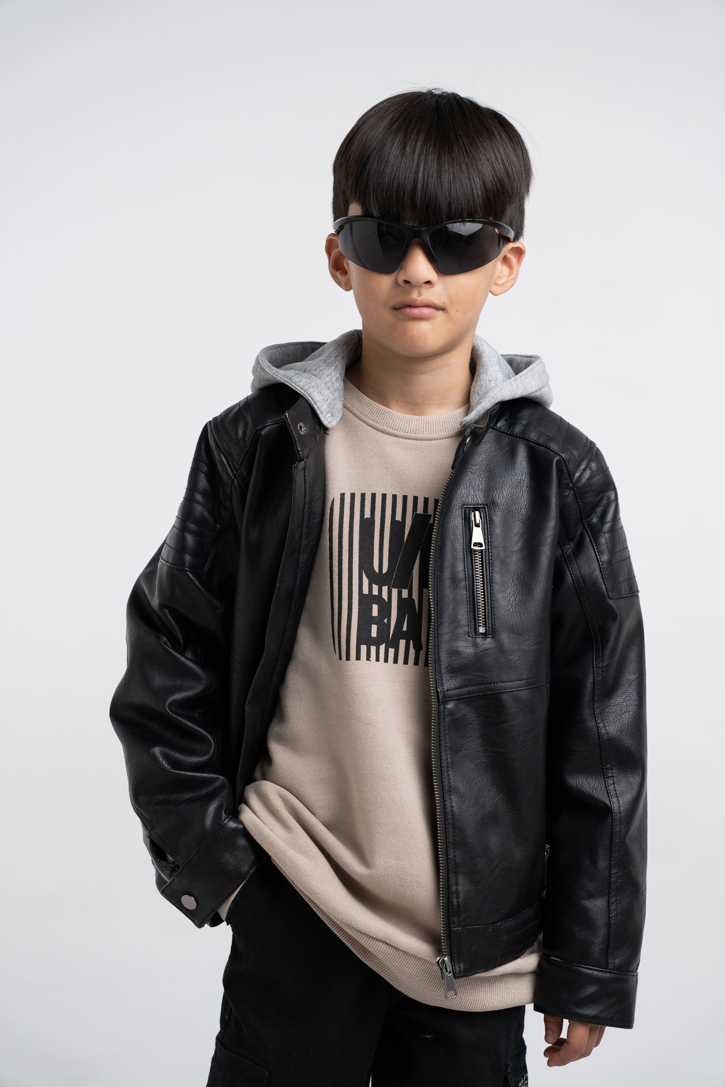 giubbotto junior  ecopelle cappuccio felpa