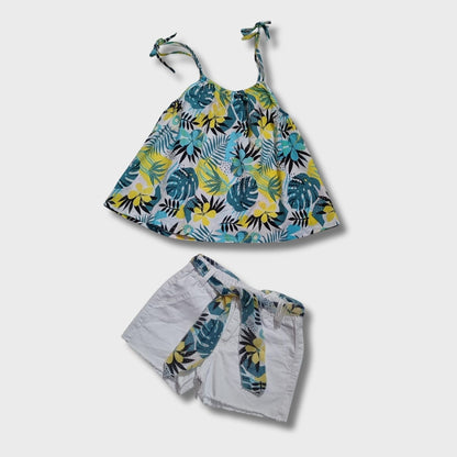 completo blusa bretella con short in cotone e fusciacca fantasia