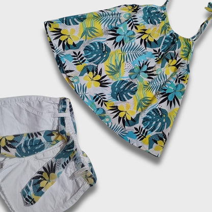 completo blusa bretella con short in cotone e fusciacca fantasia