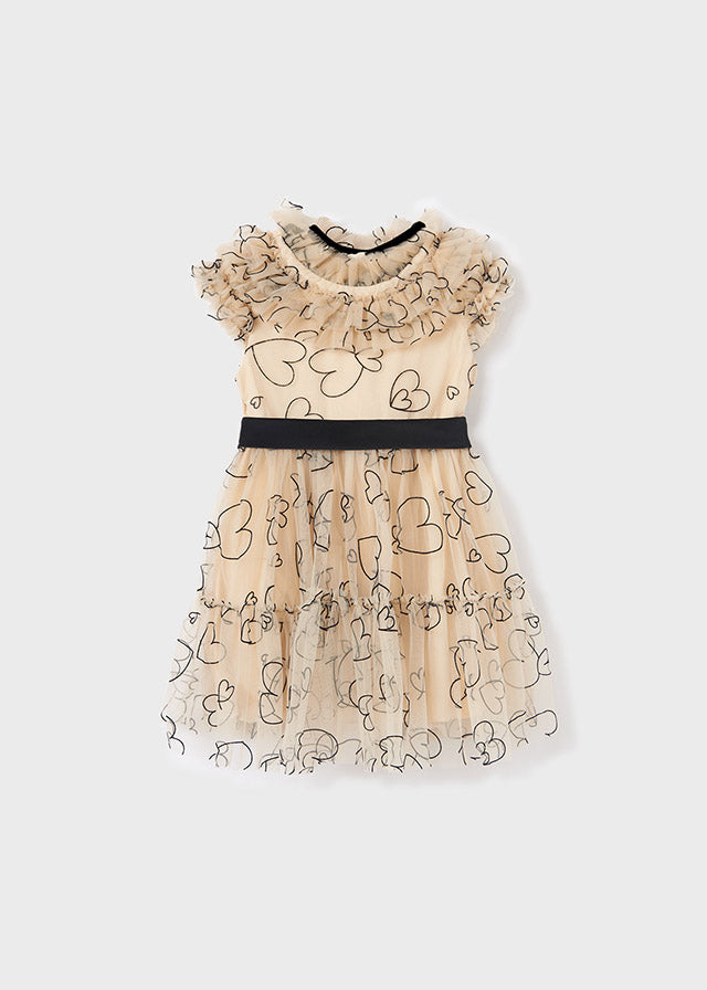 Vestito in tulle con cuori stampati e fascia in vita