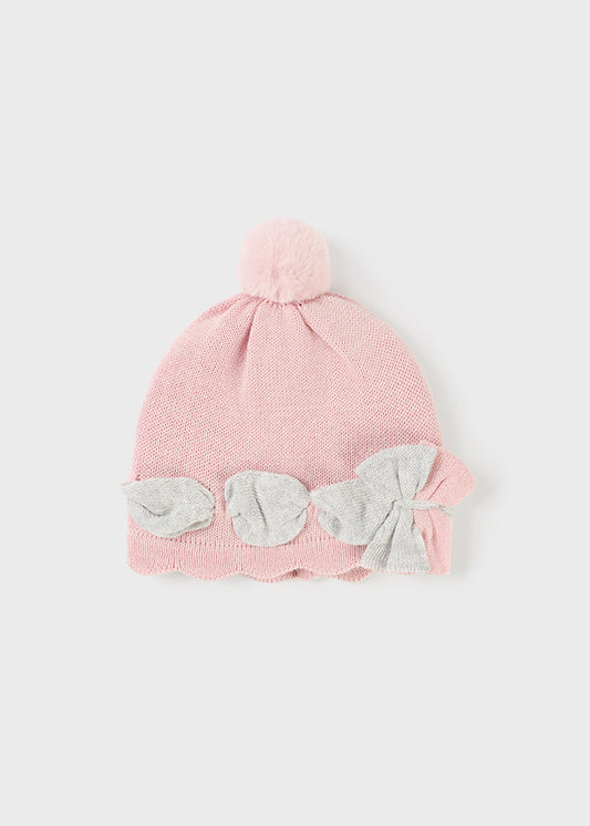 Cappello nascita in tricot con pon pon