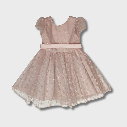 abito mezza manica in organza con applicazioni a rilievo