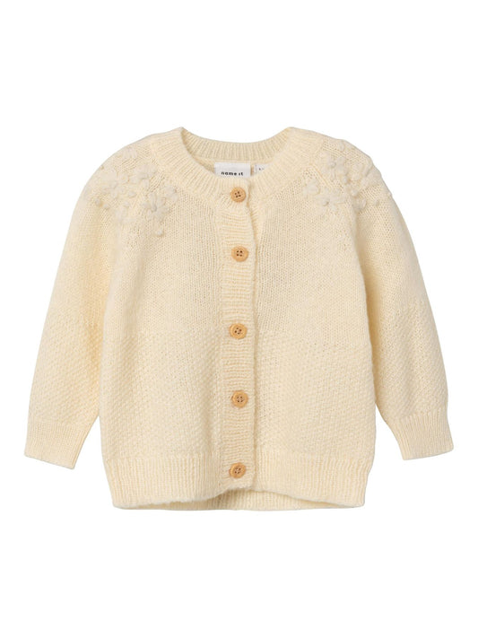 Cardigan con ricami e bottoni in legno